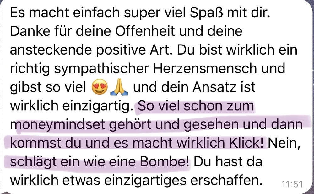 Dein Ansatz ist wirklich einzigartig. So viel schon zum Moneymindset gehört und dann kommst du und es macht wirklich Klick!